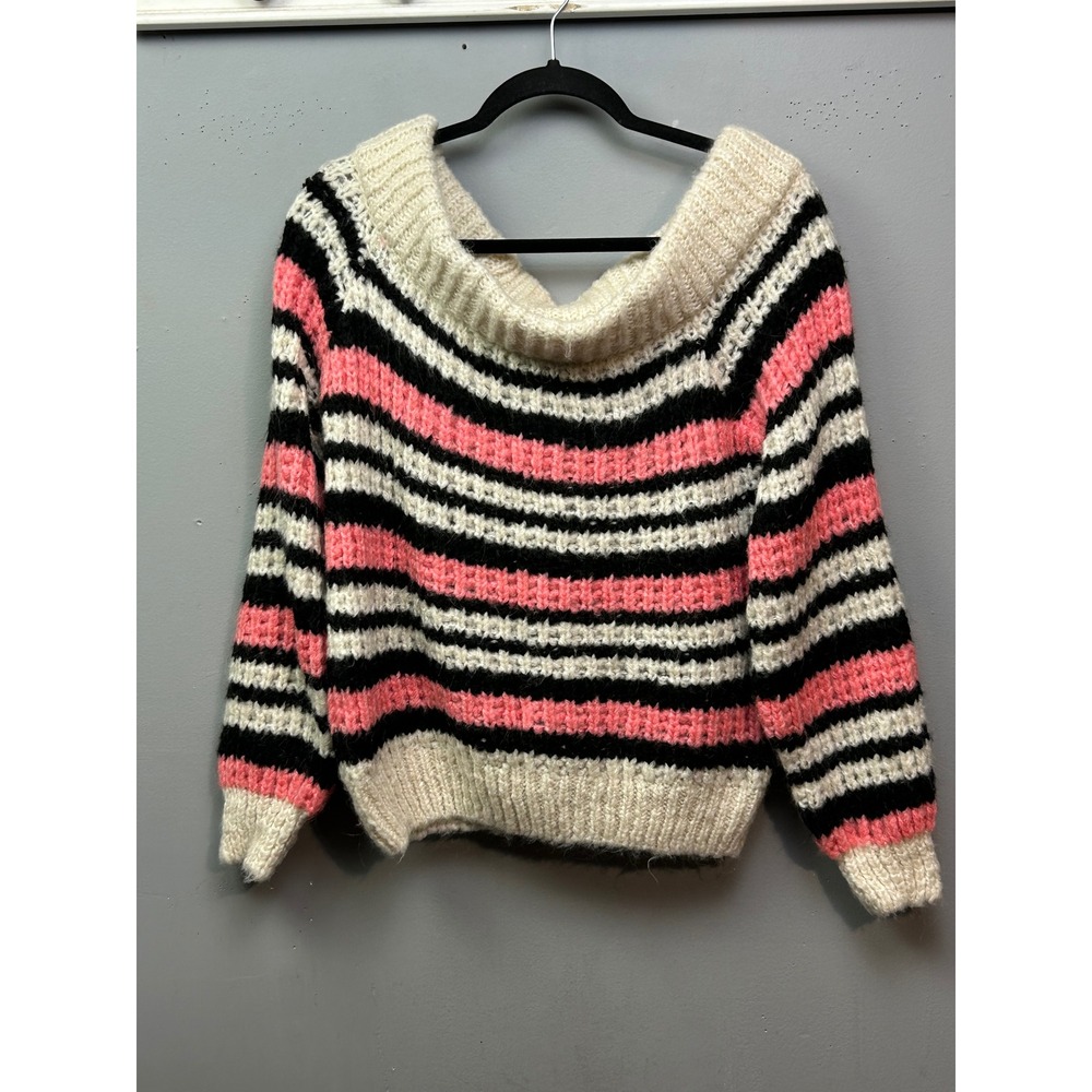 River‎ Island Striped Off ShoulderWomens Medium Sweater Pink Black Cream